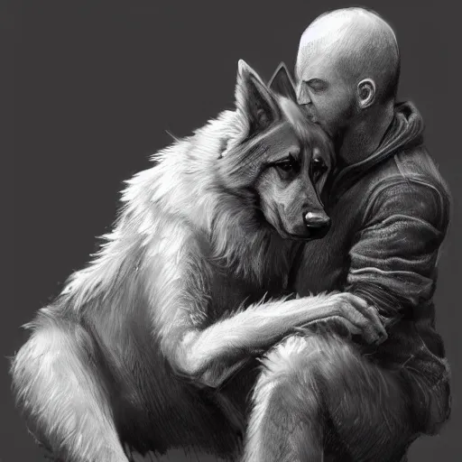 Image similar to two humanoid german shepherds beast - men, sitting on a couch and hugging together, artstation, concept art, smooth, sharp foccus ilustration, artstation