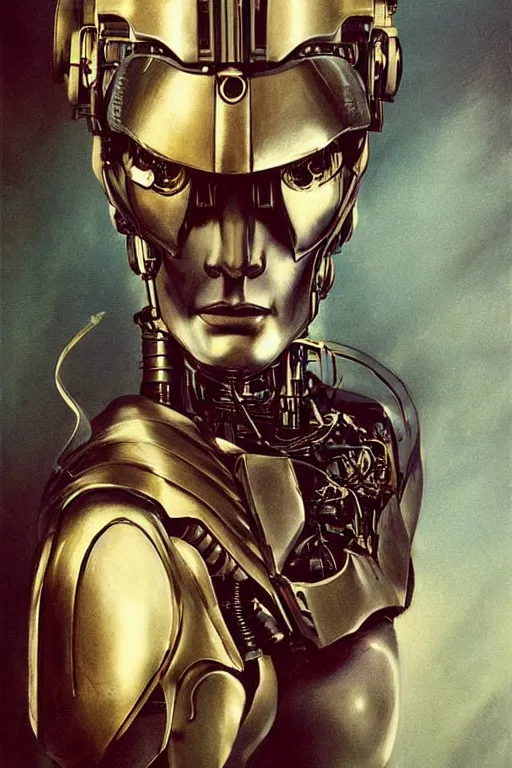 Image similar to futurist half human half robot soldier, art by leyendecker, head and shoulders portrait, blood, cyberpunk, cybernetic implants, warrior face paint, very intricate, award winning, extreme details