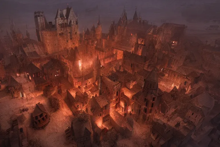 Image similar to medieval city with a huge castle in the center, red sun, top view, steampunk, mechanics, render, 8k, trending on artstation, volumetric light, lightrays, HDR, ambient occlusion, subsurface scattering, cinematic scene, steampunk style, fantasy