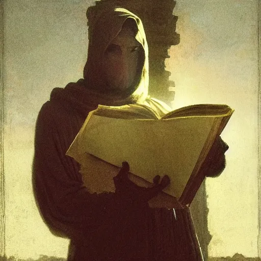 Image similar to half portait of monk wearing a closed cowl and big old book! chained to the wrist, jeremy mann, jean - leon gerome, tiepolo, alphonse mucha, greg rutkowski, face in the shadows, ( ( ruins of ancient rome ) ), at dusk, mysterious atmosphere, sunrays, dof, high detailed, 8 k