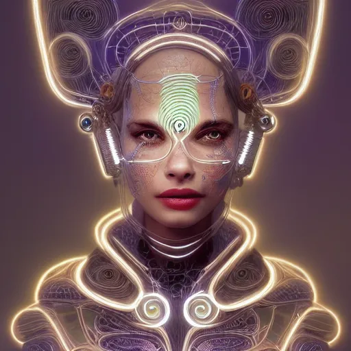 Prompt: woman integrating with technology, full face, detailed intricate ornate cables connected to head, luscious hair, big open electric eyes, luxurious detailed abundent wiring and implants, sci-fi, neon, detailed technology full background, highly detailed, Rene Lalique and Eddie Mendoza