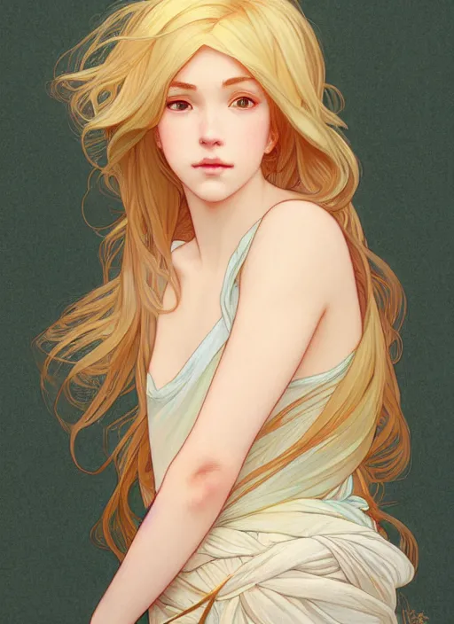Image similar to pretty young man with shoulder length shiny shimmering golden blond hair, half body shot, path traced, highly detailed, high quality, digital painting, by studio ghibli and alphonse mucha, leesha hannigan, hidari, disney