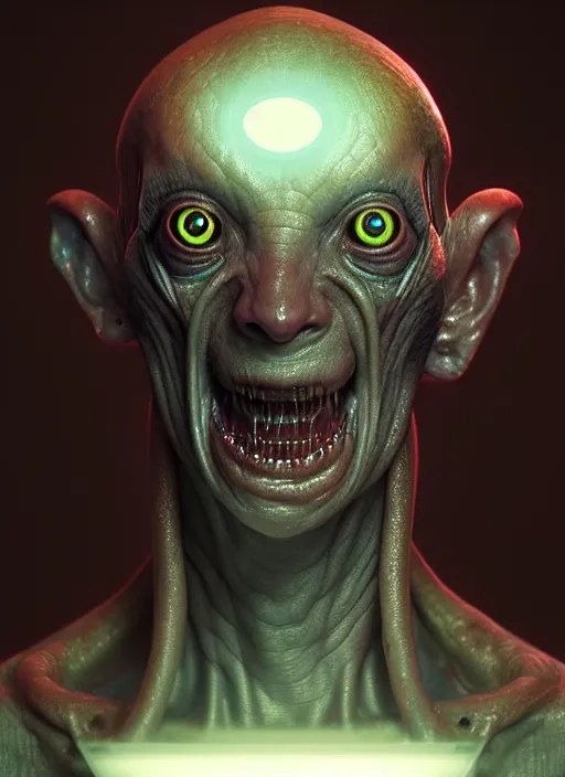 Image similar to portrait of a space alien, varying detailed skin, octane render, piercing glowing eyes, realistic render, detailed, ugly, slimy unreal engine, symmetrical!!, greg rutkowski and ruan jia, cinematic