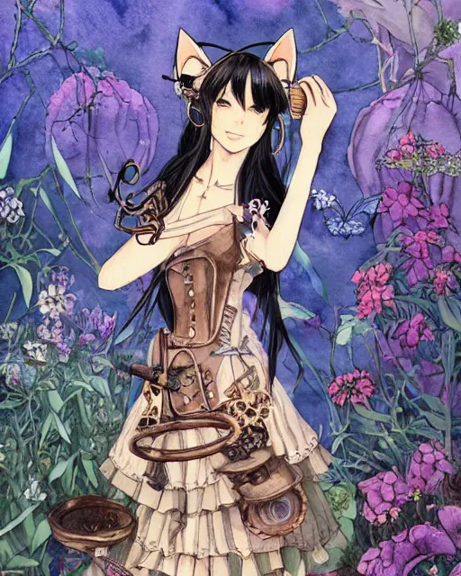 Prompt: middle woman with cat ears, wearing a lovely dress in a steampunk garden. this watercolor painting by the award - winning mangaka has impeccable lighting, an interesting color scheme and intricate details.