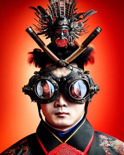 Image similar to photo of a Dramatic Peking Opera male character wearing MadMax style steampunk goggles and accessories in the style of stefan kostic, realistic, sharp focus, symmetric, 8k high definition, insanely detailed, intricate, elegant, art by stanley lau and artgerm, William-Adolphe Bouguereau