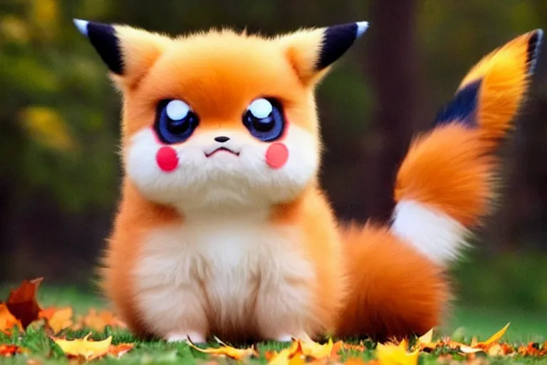 Prompt: real life pokemon cute adorable chunky playful fluffy happy cheeky mischievous ultra realistic autumn