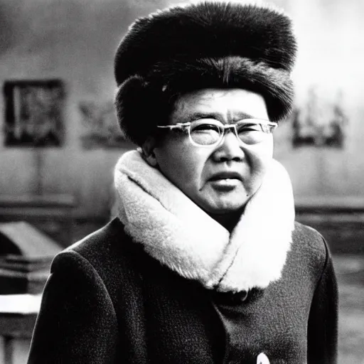 Image similar to filmstill of Kim Jong-il wearing a chapka in the role of Doctor Zhivago by David Lean, 1965, cinemascope, 35mm film, epic romance