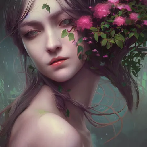 Image similar to Portrait of a dark fantasy nymph, flowers and plants surrounding, stunning, concept art, artstation, dramatic lighting, by Wlop