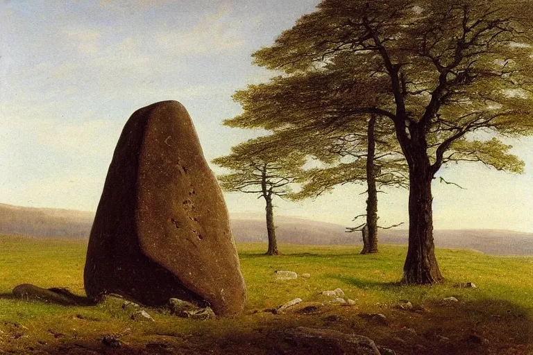 Prompt: runestone on a field with trees in the distance, runic inscription, ancient writing, megalithic, monument, nature, hills, focused, centered, very detailed, norse, history, oil painting, Albert Bierstadt, Theodor Kittelsen, Hermann Hendrich