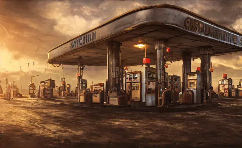 Image similar to steampunk gas station in space, 4 k, polished, photorealistic, hard edges, zoomed in, very coherent, sharp focus, rim light, exquisite lighting, hard edges, sci - fi, cinematic, game art, octane