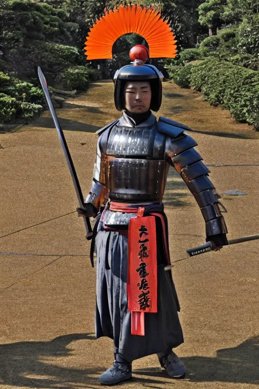 Prompt: a godlike and indomitable helmeted samurai wielding their Odachi before a large Torii gate, the very very very bright rising sun in the background. Photo realistic. Award winning