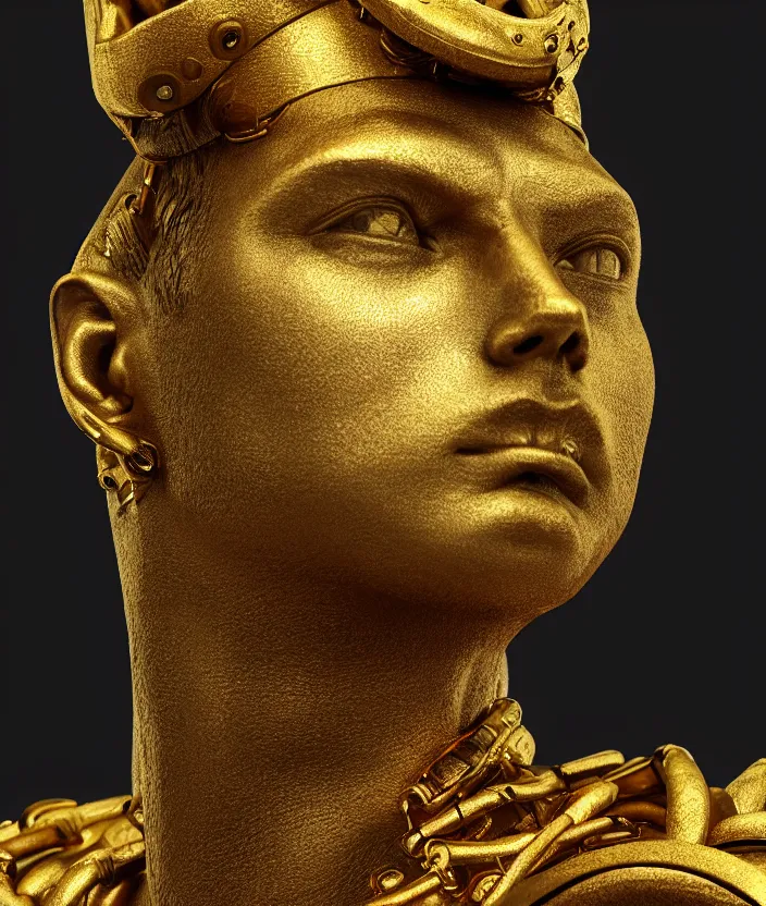 Image similar to a portrait of a stoic statue wearing a neck collar made of gold, cyberpunk, aesthetic, naturel, hyper detailed, digital sculpture, trending in artstation, cinematic lighting, studio quality, smooth render, unreal engine 5 rendered, octane rendered, art style by klimt and nixeu and ian sprigger and wlop and krenz cushart