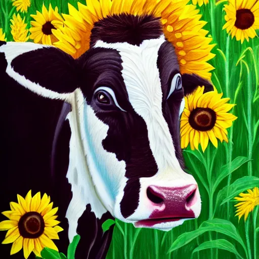 Image similar to head portrait of southern belle cow, surrounded by sunflowers outside in a field, 4k, illustration