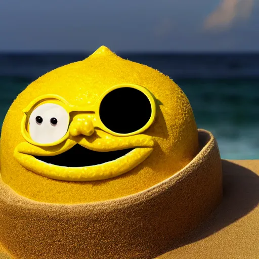 Image similar to 5 0 mm photograph, of a real anthropomorphic lemon character, with lemon skin texture, it is wearing a hat and scuba diving, building a sandcastle on the beach at sunset, beach, huge waves, sun, clouds, tropical trees, rim light, cinematic photography, professional, sand, sandcastle, volumetric lightening