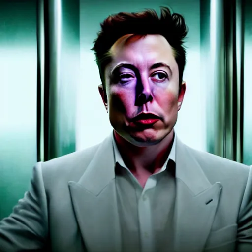 Image similar to hyperrealism aesthetic ridley scott and denis villeneuve style photography of a detailed hyperrealism elon musk, siting on a detailed hyperrealism toilet and scrolling his detailed smartphone in hyperrealism scene from detailed art house movie in style of alejandro jodorowsky and wes anderson volumetric ambient light