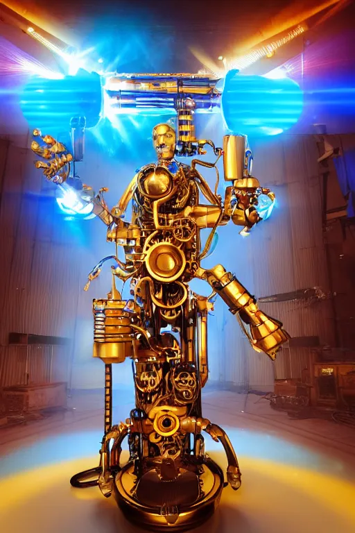 Image similar to portrait photo of a giant huge golden and blue metal humanoid female steampunk robot singer with headphones and gears and tubes, in the foreground is a big red glowing microphone on a tripod, eyes are glowing red lightbulbs, shiny crisp finish, 3 d render, 8 k, insaneley detailed, fluorescent colors, background is multicolored lasershow