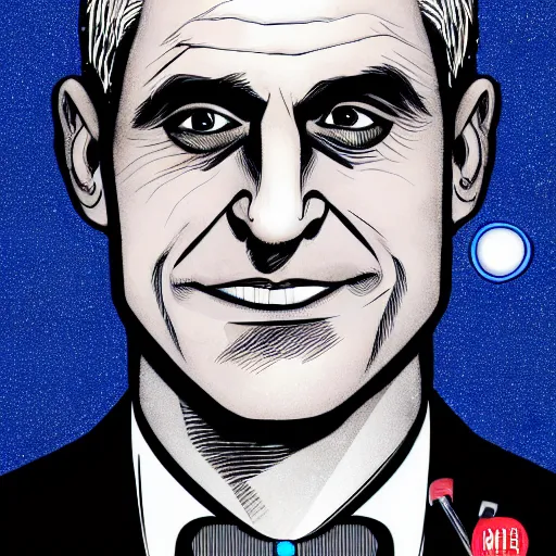 Prompt: digital illustration of secretary of denis mcdonough face, cover art of graphic novel, eyes replaced by glowing lights, glowing eyes, flashing eyes, balls of light for eyes, evil laugh, menacing, Machiavellian puppetmaster, villain, clean lines, clean ink