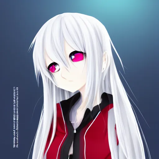 Image similar to white hair, red eyes, two small horn on the head, anime style, anime girl