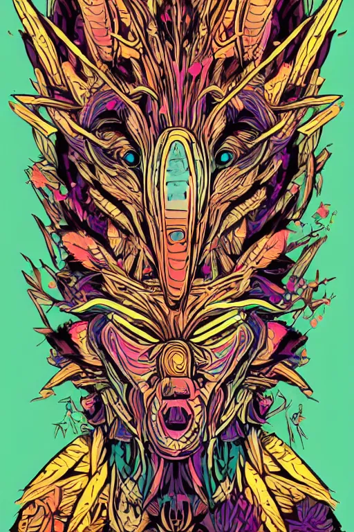 Image similar to animal mask totem roots flower tribal feather gemstone plant wood rock shaman vodoo video game vector cutout illustration vivid multicolor borderlands comics by josan gonzales and dan mumford radiating a glowing aura