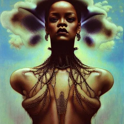 Image similar to rihanna by zdzisław beksinski, iris van herpen, raymond swanland and alphonse mucha. highly detailed, hyper - real, beautiful