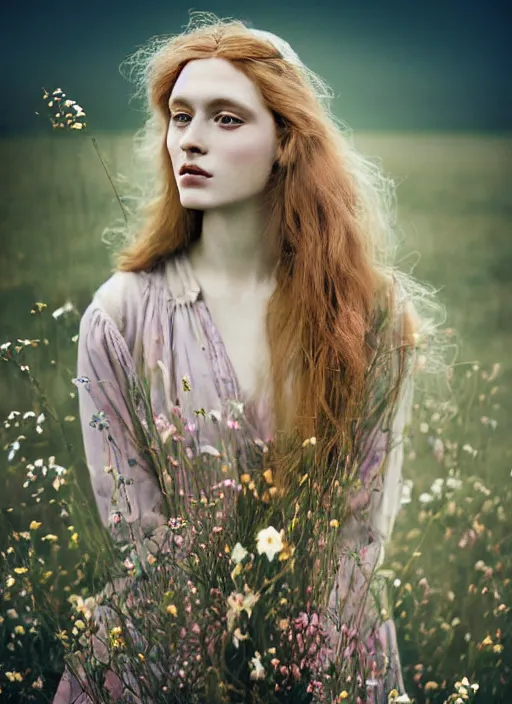 Image similar to kodak portra 1 0 0 photo medium portrait of a pre - raphaelite blond beautiful woman, dress in flowers, dreamy mood, fine art photography in style of nicholas fols, 1 5 0 mm, emotionally evoking, head in focus, stormy clouds outdoor, matt mute colour background, volumetric lighting, hyper realistic, ultra detailed