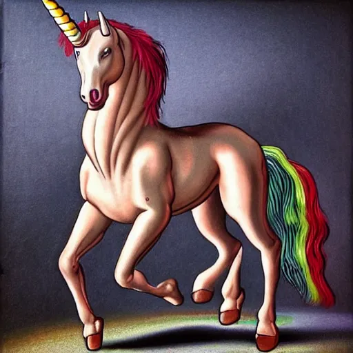 Image similar to an absolute beast of a muscly unicorn walking on rainbow in the style of caravaggio