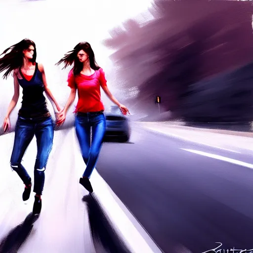 Prompt: pretty women dodging a moving car, photorealistic, in the style of greg rutkowski, detailed face, full body