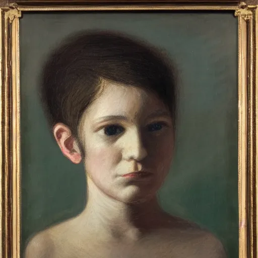 Image similar to violet, family guy by albert pinkham ryder. a beautiful land art. she looks up at me, up & down. she has short - cropped hair, & a scar on her left cheekbone : just a line of black against her deep tan, precise & geometrical. her eyes are pale green.