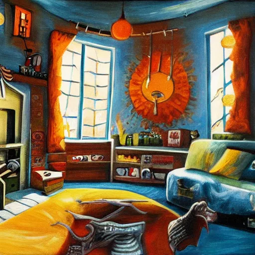 Prompt: painting of an alien house interior, cosy