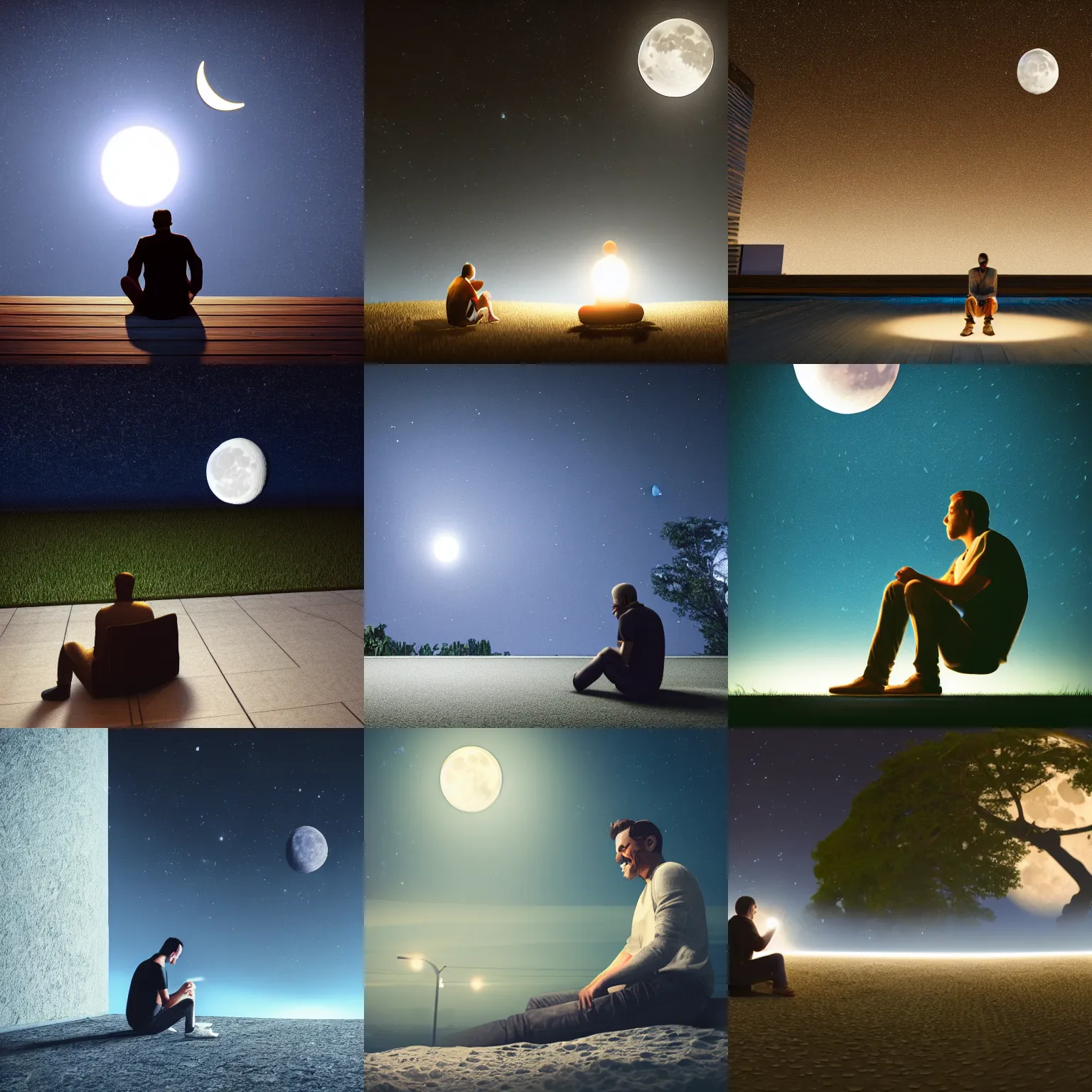 Prompt: man sitting at night, smoking and looking at the moon smiling, wide angle fisheye lens, lens flare, unreal engine render