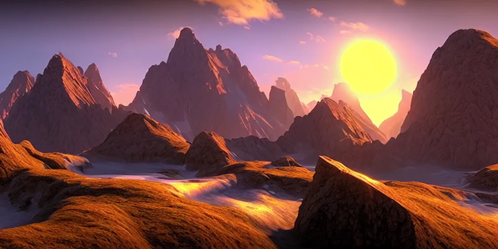 Image similar to a beautiful landscape, sun rises between two mountains, fantasy artwork by john stephans unreal engine 5, extremely detailed, hyper realism