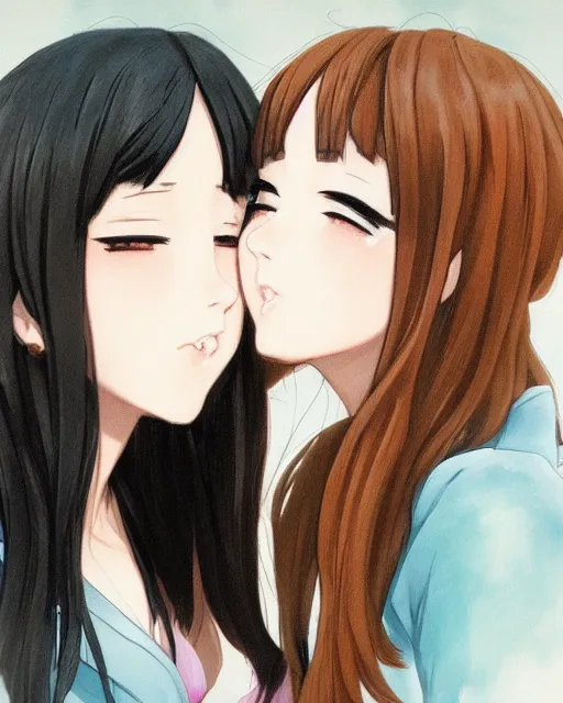 Image similar to portrait of two girls kissing, anime, trending on Artstation