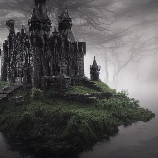 Image similar to full body pose, hyperrealistic photograph of the black castle of rotbog swamp, dim volumetric lighting, 8 k, octane beautifully detailed render, extremely hyper detailed, intricate, epic composition, cinematic lighting, masterpiece, trending on artstation, very very detailed, stunning, hdr, smooth, sharp focus, high resolution, award, winning photo, dslr, 5 0 mm