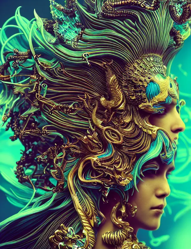 Image similar to goddess phoenix macro close - up portrait with crown made of ram skull. phoenix, betta fish, jellyfish, bioluminiscent, plasma, wind, creature, super intricate ornaments artwork by tooth wu and wlop and beeple and greg rutkowski