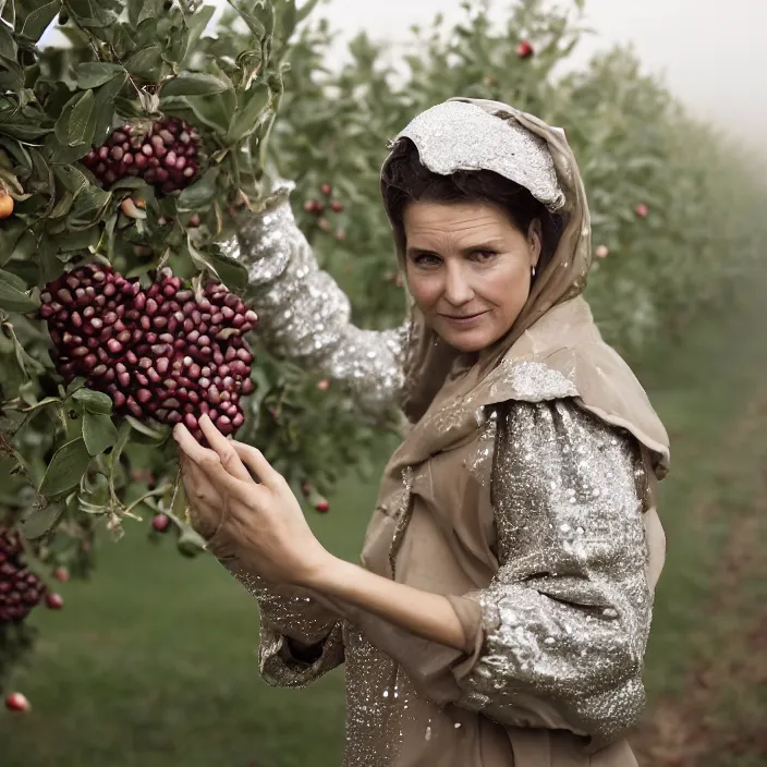 Prompt: a closeup portrait of a woman wearing diamond armor, picking pomegranates from a tree in an orchard, foggy, moody, photograph, by vincent desiderio, canon eos c 3 0 0, ƒ 1. 8, 3 5 mm, 8 k, medium - format print