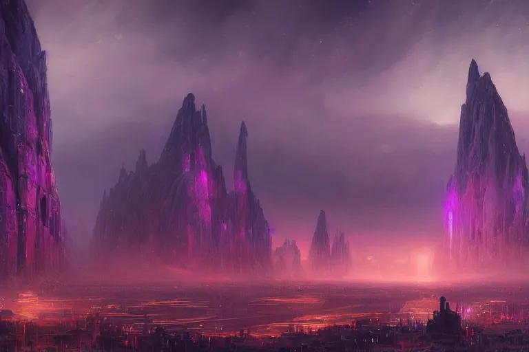 Prompt: detailed landscape painting of a misty antic city on an alien world at dusk, giant purple quartz like crystal engraved with runes, dawn aurora, scifi, cinematic lights, vivid lighting. clouds and stars. fantasy. by greg rutkowski and jonas de ro. intricate artwork, dramatic, artstation, 8 k