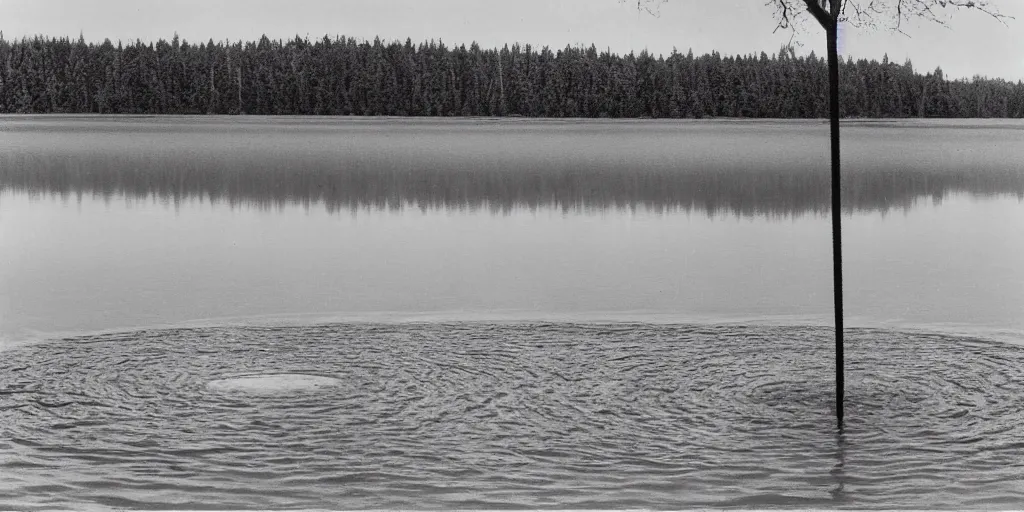 Image similar to centered photograph of a infinitely long rope zig zagging snaking across the surface of the water into the distance, floating submerged rope stretching out towards the center of the lake, a dark lake on a cloudy day, color film, trees in the background, hyper - detailed photo, anamorphic lens