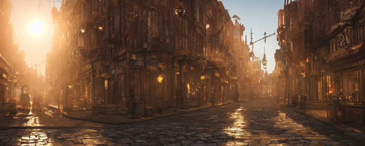 Image similar to photorealistic steampunk city streets. daylight. sunlight. lens flare. light fixtures. 8K. detailed. photorealistic, trending on Artstation. 25mm f/1.7 ASPH Lens. ultra realistic
