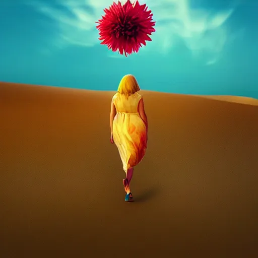 Image similar to closeup giant dahlia flower over head, a girl walking between dunes, surreal photography, sunrise, blue sky, dramatic light, impressionist painting, digital painting, artstation, simon stalenhag