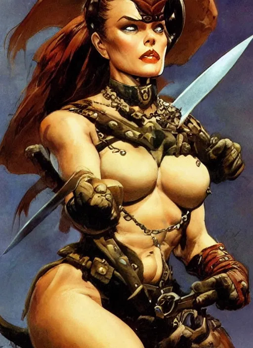 Prompt: portrait of strong female ranger, beautiful! coherent! dungeons and dragons character, by frank frazetta, by brom, strong line, deep color, leather armor, short buzzed hair, high contrast