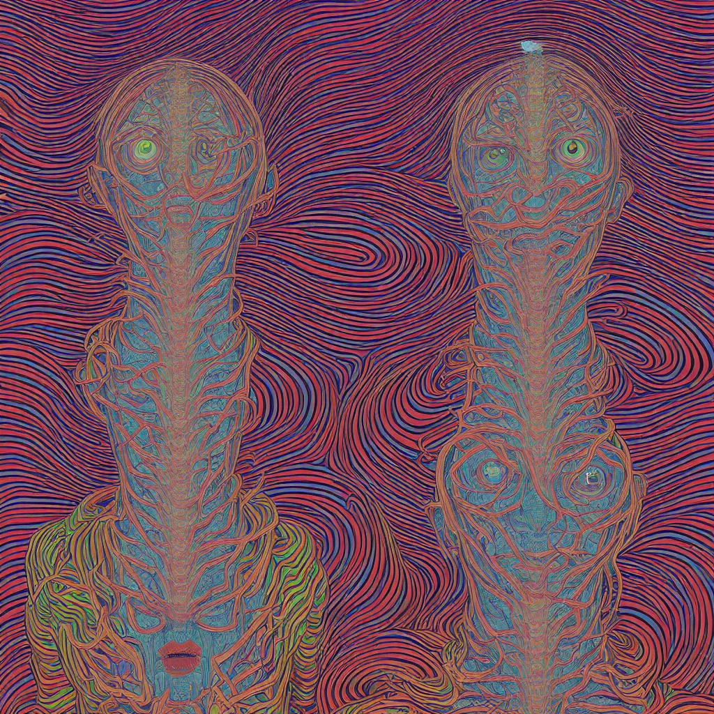 Prompt: a portrait of a multiheaded psychedelic monster on a trip by Alex grey, flat design, screen print by Kawase Hasui and dan hillier, 8k unreal engine