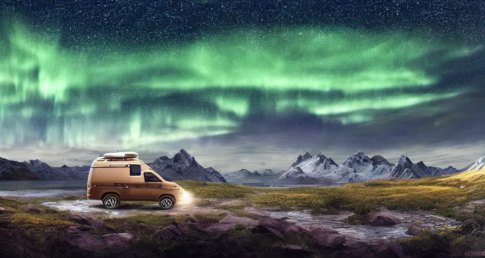 Image similar to An epic fantasy style landscape painting of a Mountainrange and a lake, with a starry sky with the milkyway and breathtaking aurora and a beige Volkswagen Caddy Campervan 4x4, a glacier is viewable in the distance, unreal 5, DAZ, hyperrealistic, octane render, volumetric clouds, dynamic lighting