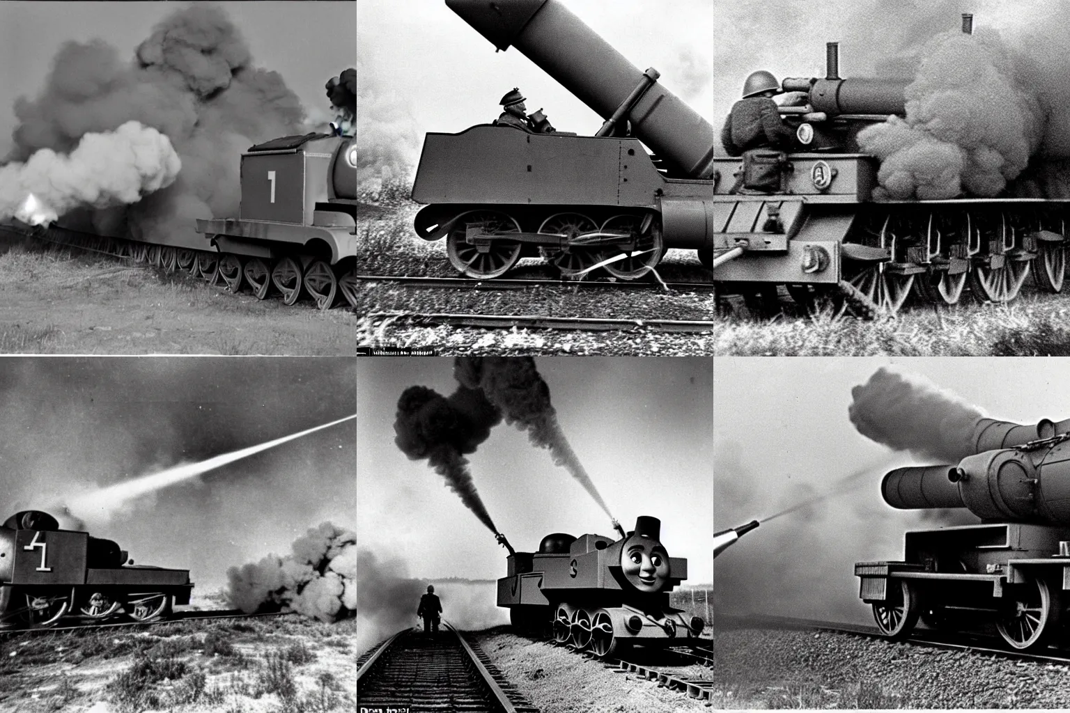 Prompt: WW2 era photograph, the face of Thomas the tank engine attached to a 800mm German super-heavy-mortar with a huge gun barrel firing a shot upwards, there are german soldiers running around, grainy, high detail