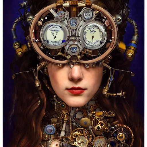 Image similar to A head and shoulders masterpiece portrait of a steampunk beautiful goddess, she half human and half robot, she is embellished with few gears wheels and gemstones, by William Holman Hunt, Greg Rutkowski, Stanely Artgerm, Tooth Wu, Peter Gric, Aaron Horkey, trending on Artstation, digital art, mythological, symmetrical artwork, cinematic lighting, hyper realism, high detail, octane render, ultra realistic, golden ratio, 4k, 8k