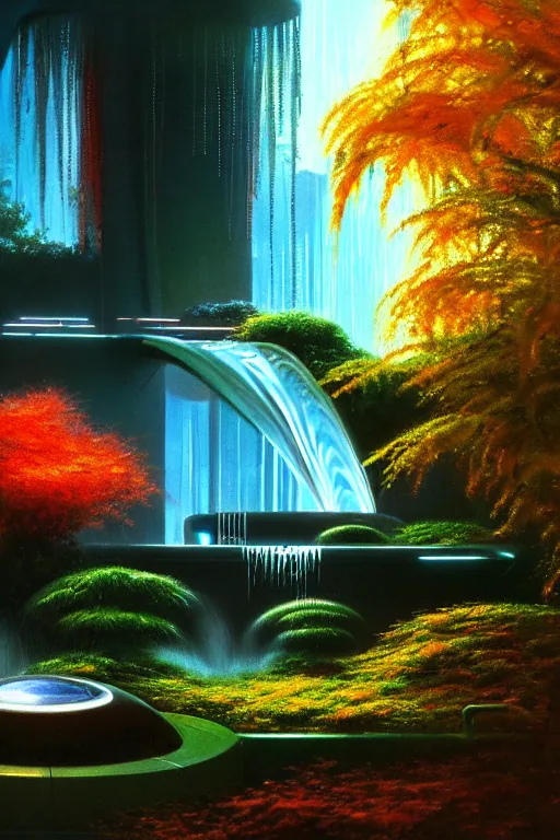 Image similar to futuristic garden glowing in autumn, marble fountains, small waterfalls, ecosystem, 1 9 8 0 s science fiction, 1 9 7 0 s science fiction, alien 1 9 7 9, cyberpunk, 3 d oil painting, depth perception, 4 k, artstation