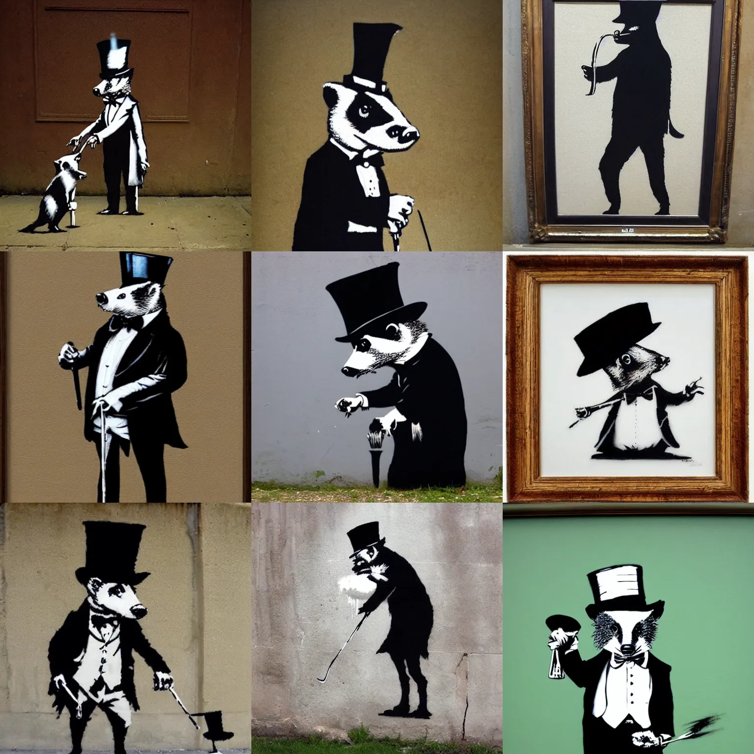 Prompt: a badger with a cane and a top hat by banksy