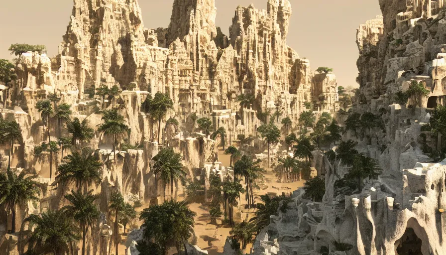 Image similar to a detailed digital painting of a biotech mystical arabic architecture of a city carved into a limestone cliff, by james jean, 1. 1 rule of thirds, ultrarealistic, dramatic lighting, landscape, beautiful, gorgeous, hyper detail, hd, octane render, unreal engine, cinematic, trending on artstation,