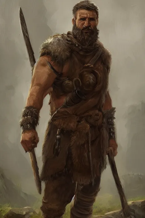 Image similar to a full body fantasy portrait oil painting illustration of a single rugged stoic barbarian man by Justin Sweet with face and body clearly visible, d&d, rpg, forgotten realms, artstation trending, high quality, sombre mood, artstation trending, muted colours, no crop, entire character,