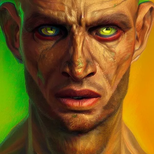 Prompt: realistic portrait painting of young man with nine mouth as skrull from mcu, made by michaelangelo, physical painting, sharp focus, digital art, bright colors, fine art, trending on artstation, unreal engine.