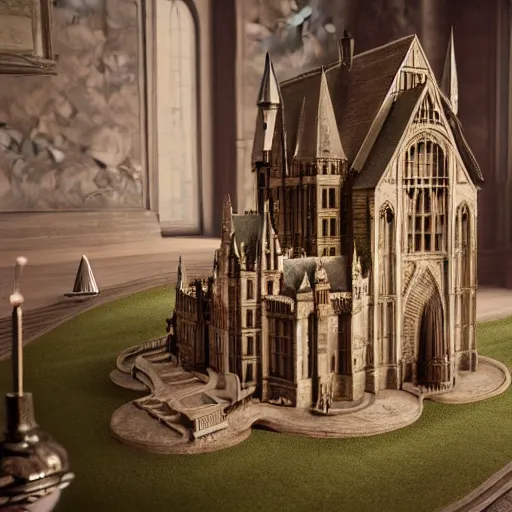 Prompt: photo of Hogwarts as a highly detailed dollhouse, interior view, extreme details, soft lighting, crepuscular rays, realistic octane render, 8k